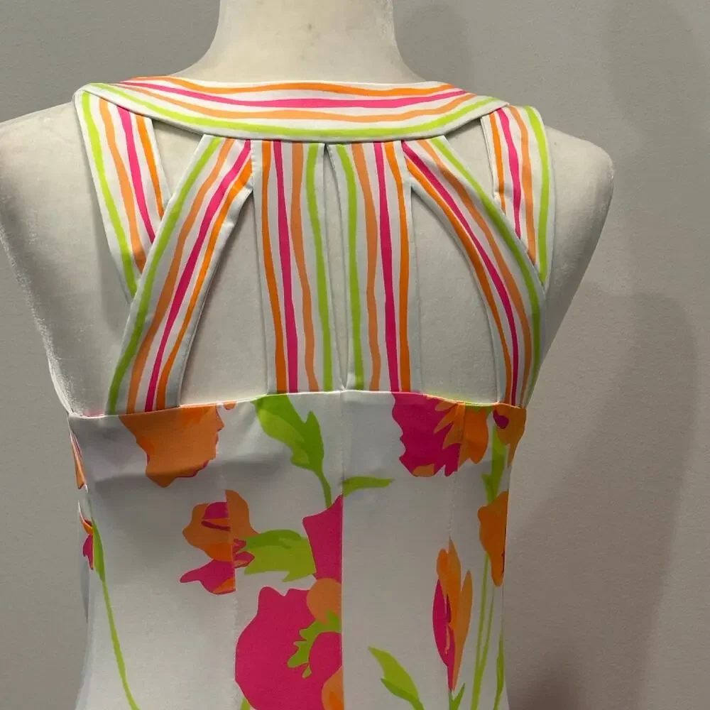 Gretchen Scott Isosceles Icon Dress XS Bright Floral Stripe Neck Stretch Shift - Picture 7 of 11